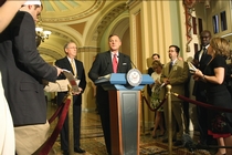 Senator Burr speaks to reporters at a press conference with Senate Minority Leader Mitch McConnell (R-KY) on April 23, 2008.