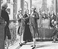 George Washington taking the oath of office, Federal Hall, New York City, April 30, 1789 (National Archives and Records Administration)