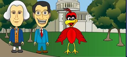 Cartoon character of Bob Goodlatte with George Washington and a Cardinal