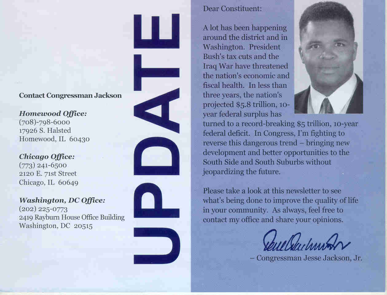page 1 of Congressman Jesse L. Jackson, Jr.'s Fall 2004 newsletter