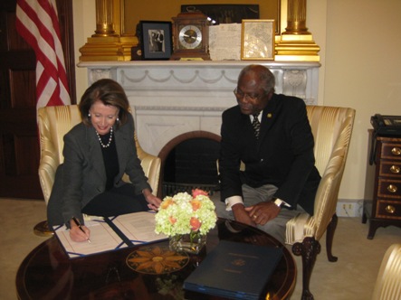 Majority Whip Clyburn joins Speaker Pelosi on November 20, 2008 as she signs and sends to the President legislation that was passed by Congress to extend unemployment benefits. President Bush signed the bill into law on November 21, 2008