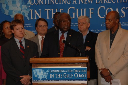 On Sunday, July 20, at the Royal Sonesta Hotel in New Orleans, Louisiana, House Majority Whip James E. Clyburn, stood with (from Left) Rep. Don Cazayoux, Rep. Charlie Melancon, Caucus Vice Chair John Larson, Rep. Bill Jefferson, and other colleagues to discuss their congressional visit.Clyburn led a tour of 22 House members to the Gulf Coast region from July 19-22, to mark the anniversary of Hurricanes Katrina and Rita. 