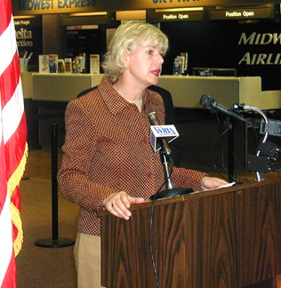 Photo: Tammy holds a press conference on aviation security at the Dane County Regional Airport.