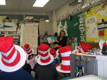 Niki reads to students at Sanborn Elementary School in Andover during Read Across America day