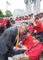 Senator Hagel meets with over 100 World War II veterans, participating in the Heartland Honor Flight at the World War II Memorial in Washington, D.C. in May.