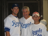 Senator Hagel with his son Ziller and former Nebraska baseball player and current Kansas City Royals third baseman Alex Gordon.  Senator Hagel threw the traditional first pitch at the Kansas City Royals game on June 16, 2007.  Senator Hagel, as well as many other veterans, were on hand for Military Appreciation Day.