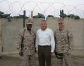 Senator Hagel meets with Nebraska troops serving in Iraq during an April 2007 Congressional delegation.
