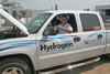 U.S. Senator Byron Dorgan (D-ND) tests out a hydrogen-powered pickup truck at the dedication of a wind-to-hydrogen demonstration project in Minot.