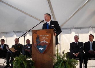 Senator Burr speaks to guests at the opening of the Blue Ridge Parkway Destination Center on April 14, 2008.