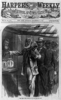 An 1867 <em>Harper&rsquo;s Weekly</em> cover commemorates the first vote cast by African-American men. The passage and ratification of the Reconstruction Amendments (13th, 14th, and 15th) between 1865 and 1870 catapulted former slaves from chattel to voters and candidates for public office.