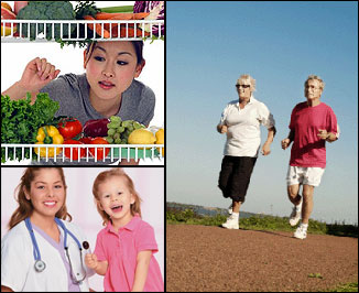 Images contains three smaller images one shows a couple running, the next a woman looking at vegetables and the third image is of a doctor standing with a child patient