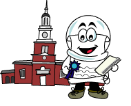 A. Bill standing near colonial building graphic