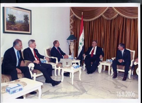 At his Baghdad home, Iraq's president, Jalal Talabani (center), welcomes the delegation.  From left, U.S. ambassador to Iraq Dr. Zalmay Khalilzad, Chairman Buyer, President Talabani, Rep. John Salazar. Not pictured to Salazar's left is Rep. John Boozman.