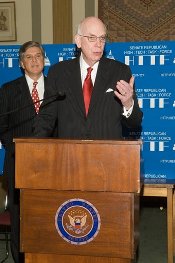 Senator Bennett, former chairman of the High Tech Task Force, joins the current chairman, Senator Smith (R-Ore.), at a press conference to discuss the task force policy agenda for the 110th Congress