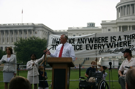 Hoyer speaks at a rally of the Council for Independent Living 