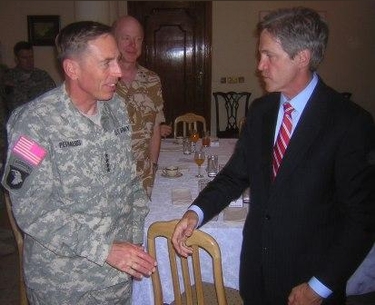 Senator Coleman discusses the progress of the U.S. surge in Iraq with General David Petraeus, Commander of  Multi-National Forces in Iraq.  The consultations come just days before Petraeus reports to Congress on the state of the surge in mid-September. In the background, you can see Lt Gen William R. Rollo (UK), CBE, Deputy Commander, Multi-National Force – Iraq.  

