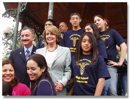 Speaker Nancy Pelosi and Rep. Ciro Rodriguez with Harlandale High School students during a rally to support the Children's Health Insurance Program in San Antonio, Texas on November 17th.