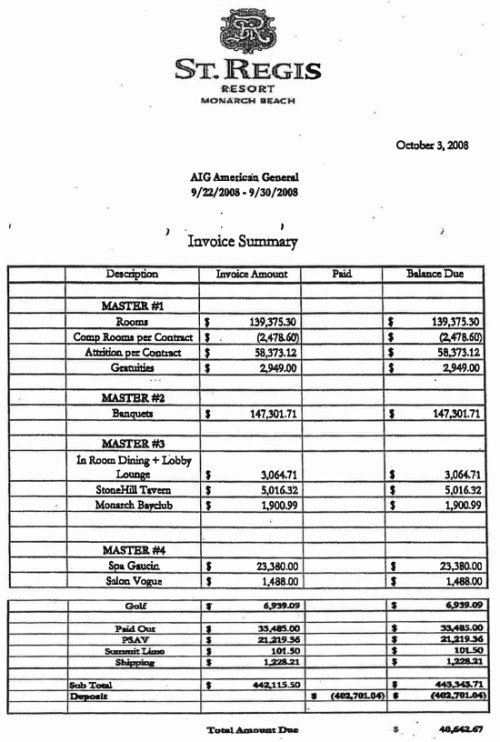 Invoice showing expenditures by AIG for staff retreat held after bailout
