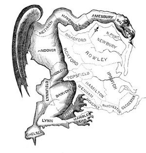 This cartoon (printed in the Boston Gazette in 1812), depicts a salamander-like district and first called wide-spread attention to political bias in redistricting. 