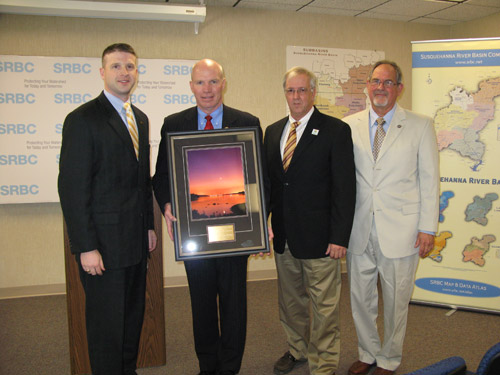 April 7, 2010: Congressman Holden receives the Susquehanna River Basin Commission's Frederick L. Zimmermann Award for his efforts in water resources management by promoting and advancing watershed management and interstate cooperation. In the picture, from left to right, is Samuel Kieffer, Pennsylvania Farm Bureau; Larry Breech, Pennsylvania Farmers' Union; Congressman Tim Holden; and Paul Swartz, Susquehanna River Basin Commission