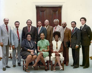 Propelled by the Congressional Black Caucus, African-American Members of Congress steadily gained seniority and power in the House of Representatives. In this late 1970s picture from left to right (standing) are: <a href="/member-profiles/profile.html?intID=34">Louis Stokes</a> of Ohio, <a href="/member-profiles/profile.html?intID=60">Parren Mitchell</a> of Maryland, <a href="/member-profiles/profile.html?intID=110">Charles Rangel</a> of New York, <a href="/member-profiles/profile.html?intID=48">Andrew Young, Jr.</a>, of Georgia, <a href="/member-profiles/profile.html?intID=29">Charles Diggs, Jr.</a>, of Michigan, <a href="/member-profiles/profile.html?intID=62">Ralph Metcalfe</a> of Illinois, <a href="/member-profiles/profile.html?intID=32">Robert Nix, Sr.</a>, of Pennsylvania, <a href="/member-profiles/profile.html?intID=78">Walter Fauntroy</a> of the District of Columbia, <a href="/member-profiles/profile.html?intID=74">Harold Ford, Sr.</a>, of Tennessee; seated from left to right: <a href="/member-profiles/profile.html?intID=40">Cardiss Collins</a> of Illinois, <a href="/member-profiles/profile.html?intID=123">Yvonne Brathwaite Burke</a> of California, and <a href="/member-profiles/profile.html?intID=24">Shirley Chisholm</a> of New York.