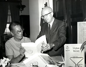 Chairman of the Education and Labor Committee, <a href="/member-profiles/profile.html?intID=30">Augustus (Gus) Hawkins</a> of California reviews a new elementary basic reader textbook with his staff assistant.