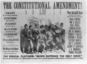 This 1866 political cartoon, distributed by a white-supremacist candidate, declared that Republicans sought to grant suffrage to black men in order to create a voting bloc for themselves. Detractors of the campaign for full black male suffrage were attempting to discredit abolitionist Representative Thaddeus Stevens of Pennsylvania and others.
