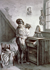 This 1868 <em>Currier &amp; Ives</em> print, titled &ldquo;The Freedman&rsquo;s Bureau,&rdquo; featured a young man dressing for a visit to Congress. An ambivalent image highlighting both the subject&rsquo;s conscientiousness and low economic status, this commercial decorative print reflected the complex attitudes toward African Americans during the period.