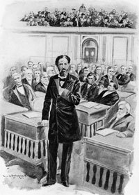 <a href="/member-profiles/profile.html?intID=18">John M. Langston</a> took his seat in Congress after contesting the election results in his district. One of the first African Americans in the nation elected to public office, he was clerk of the Brownhelm (Ohio) Township in 1855.