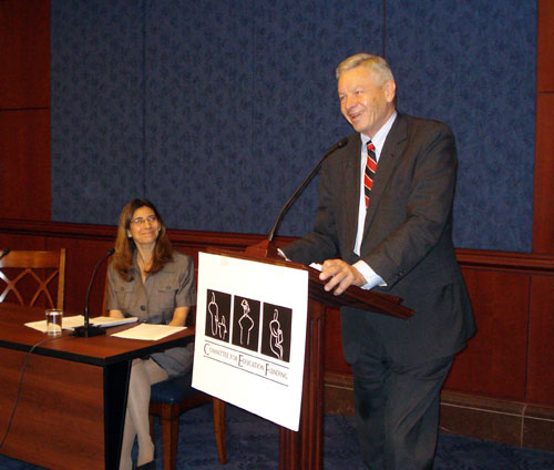 Rep. Petri addressed the Committee for Education Funding Legislative Conference in the Capitol Building on Sept. 30, 2009.  He advocated allowing states to use computer-based adaptive testing when satisfying the requirements of the federal No Child Left Behind law, and he said that he continues to promote the repayment of federal student loans as a part of the debtor's federal income taxes.  He was warmly introduced as the 'father of direct lending' and as 'a classy and thoughtful guy.'