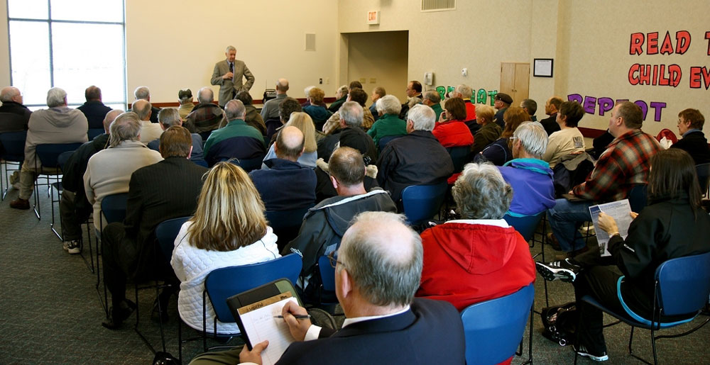  In late March and early April, 2010, Rep. Petri held a series of 12 town meetings at locations throughout the 6th Congressional District.  This photo is of the Two Rivers town meeting, courtesy of Jeff Dawson, Director of the Lester Public Library where the meeting was held.