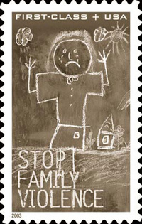One of the major legislative triumphs for women in Congress during the 1990s was the passage of the Violence Against Women Act (VAWA) of 1994, which allocated more than a billion dollars to prevent domestic abuse and other violent crimes against women. Such legislation also raised awareness about a scourge long kept out of the national dialogue. This stamp, released by the U.S. Postal Service a decade later, was part of the continuing effort to educate the public about family violence.