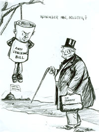 A U.S. Senator encounters a hanging anti-lynching bill outside the Capitol in this Edmund Duffy cartoon. The Senate&rsquo;s unique parliamentary procedures allowed southern Democrats to kill civil rights and anti-lynching legislation, allowing the upper chamber to act as a bottleneck for measures seeking to overthrow Jim Crow until the mid-20th century.