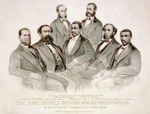 This famous print titled &ldquo;The first colored senator and representatives&mdash;in the 41st and 42nd Congress of the United States&rdquo; was published by <em>Currier &amp; Ives</em> in 1872. The group portrait assembled <a href="/member-profiles/profile.html?intID=3">Robert De Large</a> of South Carolina, <a href="/member-profiles/profile.html?intID=7">Jefferson Long</a> of Georgia, <a href="/member-profiles/profile.html?intID=14">Hiram Revels</a> of Mississippi, <a href="/member-profiles/profile.html?intID=16">Benjamin Turner</a> of Alabama, <a href="/member-profiles/profile.html?intID=17">Josiah Walls</a> of Florida, <a href="/member-profiles/profile.html?intID=11">Joseph Rainey</a> of South Carolina, and <a href="/member-profiles/profile.html?intID=4">Robert Elliott</a> of South Carolina.