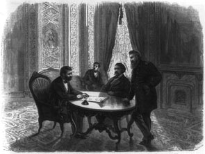 On April 20, 1871, President Ulysses S. Grant, shown with Secretary of the Navy George M. Robeson and presidential advisor General Horace Porter in this <em>Frank Leslie&rsquo;s Illustrated</em> print, signed the Third Ku Klux Klan Act, which enforced the 14th Amendment by guaranteeing all citizens of the United States the rights afforded by the Constitution and providing legal protection under the law.