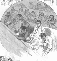 In this detail of a print from 1889, <em>Frank Leslie&rsquo;s Illustrated</em> documented the great interest of African Americans in observing Congress. Although no official segregation laws existed, in practice the visitors&rsquo; galleries in both the House and Senate were segregated by gender and race.