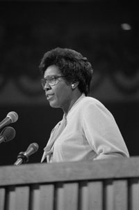In 1976, <a href="/member-profiles/profile.html?intID=67">Barbara Jordan</a> of Texas, a captivating public speaker, became the first woman and the first African American to deliver a keynote address at a Democratic National Convention.