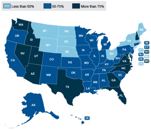 The color of the state indicates the percent increase in individual and family spending on health care from now to 2019.