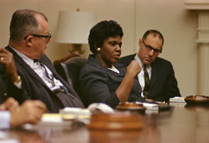 <a href="/member-profiles/profile.html?intID=67">Barbara Jordan</a> became the first black female state senator in the United States when she was elected to the Texas senate in 1966. This 1968 photograph shows Jordan at a White House meeting with President Lyndon B. Johnson (not pictured) and other legislators. When Jordan was elected to the U.S. House in 1972, Johnson persuaded congressional leaders to assign Jordan to the influential Judiciary Committee.