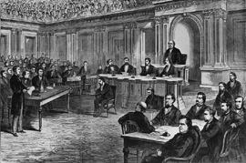 Drawing of the impeachment trial of President Andrew Johnson held in the Senate Chamber.