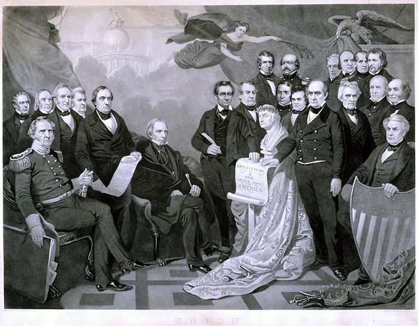 Union
Mezzotint by Henry S. Sadd, ca. 1861
(U.S. Senate Collection)
The artist of this political engraving captures the swell of enthusiasm in the North for the Union cause at the threshold of the Civil War. Henry Clay, who died in 1852, and President Abraham Lincoln feature prominently, with the Constitution in view.