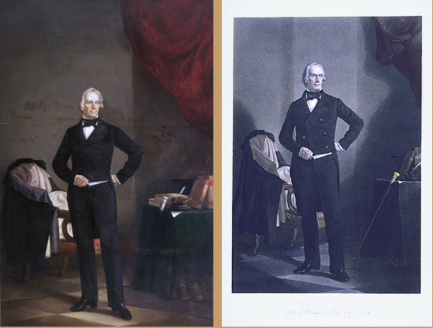 William Frye's 1866 portrait (left) was based on an 1852 lithograph of Henry 
  Clay by William Pate (right).