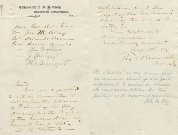Letter from Governor Bramlette of Kentucky to the selection committeeMay 1866
  (Courtesy of the Kentucky Department for Libraries and Archives)