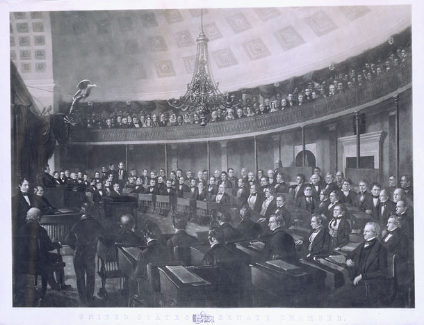 United States Senate Chamber.
Mezzotint by Thomas Doney after James Whitehorn, 1846
(U.S. Senate Collection)
