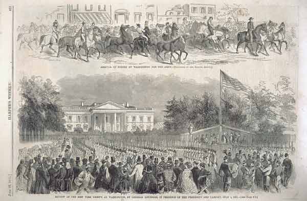 
            Arrival of Horses at Washington for the Army./Review of the New York Troops at Washington, by General Sandford, in Presence of the President and Cabinet, July 4,1861.
            Harper's Weekly, July 27, 1861
            (U.S. Senate Collection)
        