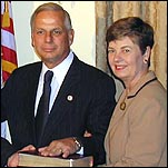 Photo of Gene Green being sworn in with his wife