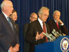 Rep. Berman speaks at a press conference to introduce the Patent Reform Act of 2007. He is joined by (from left to right) Sen. Patrick Leahy (D-Vt.), Rep. Lamar Smith (R-Texas), Rep. Rick Boucher (D-Va.), and Senator Orrin Hatch (R-Utah).