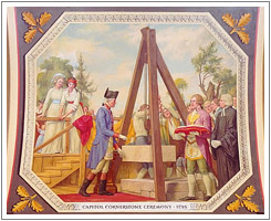 An illustration of George Washington at the Capitol cornerstone laying ceremony