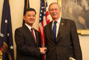 Newly confirmed Veterans Affairs Secretary Eric K. Shinseki pictured with Congressman Snyder on February 4, 2009 after Secretary Shinseki's testimony at the House Veteran's Affairs Committee hearing, "The State of the U.S. Department of Veterans Affairs".