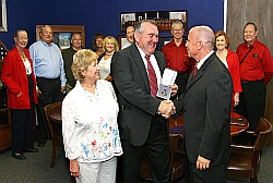 Thirty-eight years after his service in Vietnam, Robert Searcy, 63, received his long-awaited Purple Heart Medal. Searcy, accompanied by his fiance, Terry Krunknow, and many proud family members, was presented the medal by Congressman Brady.